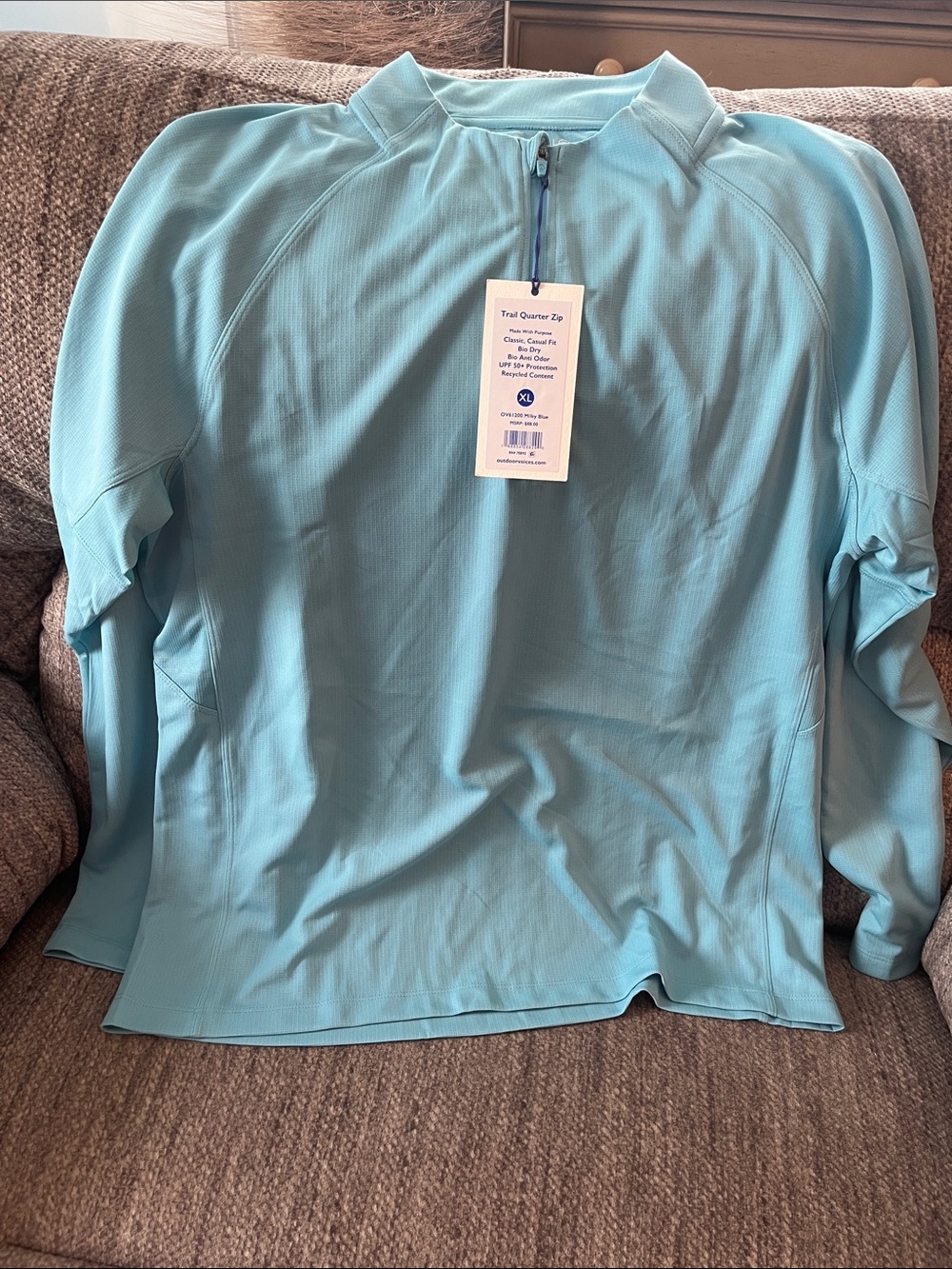 NWT Outdoor Voices Men’s XL Milky Blue Quarter-Zip  BIO-DRY ANTI ODOR UPF 50